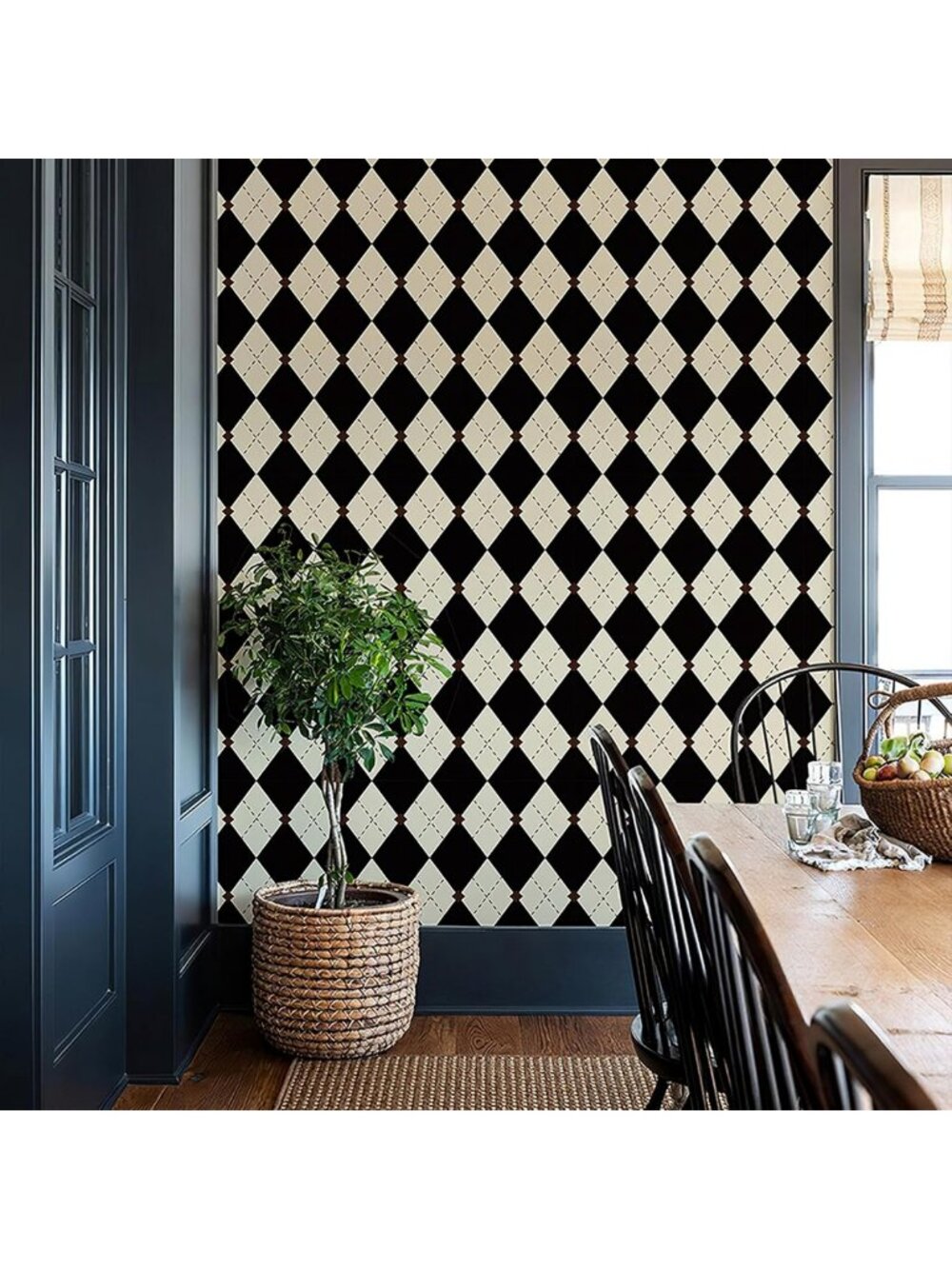 Retro Checkered Peel and Stick Wallpaper - Black & White Vintage Plaid 17.3"x480